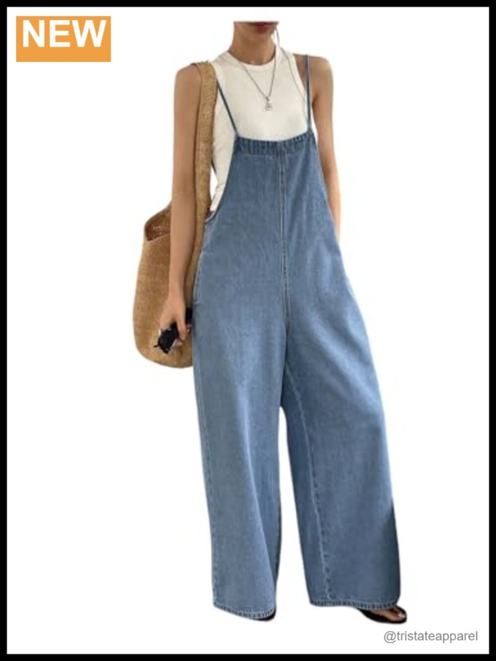 Women's Loose Denim Bib Overall Jeans Wide Leg Baggy Jumpsuit with Pockets